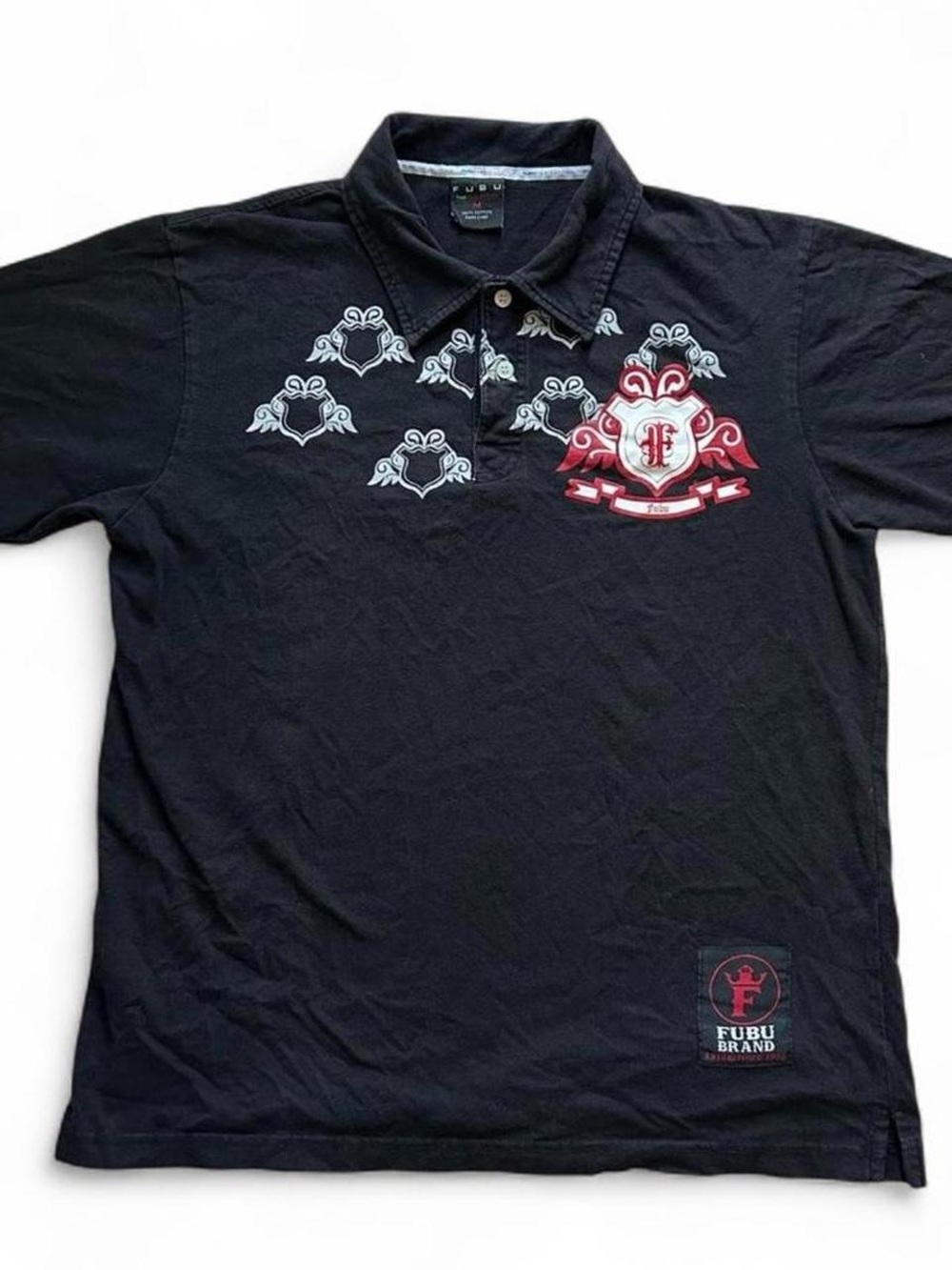 FUBU Black Polo with Red & White Crest Graphic Print